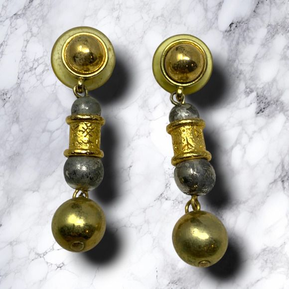 Vintage 1980's Modernist Moroccan Mixed Metal Pierced Dangle Earrings Runway - Picture 1 of 5